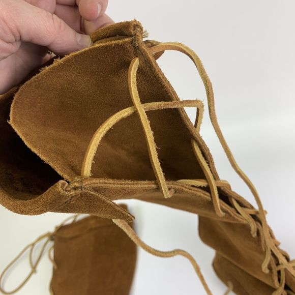 Minnetonka Tan Suede Front Lace Up Tall Boots Tan Fringe Removed 7422 Womens 7 - Picture 7 of 14